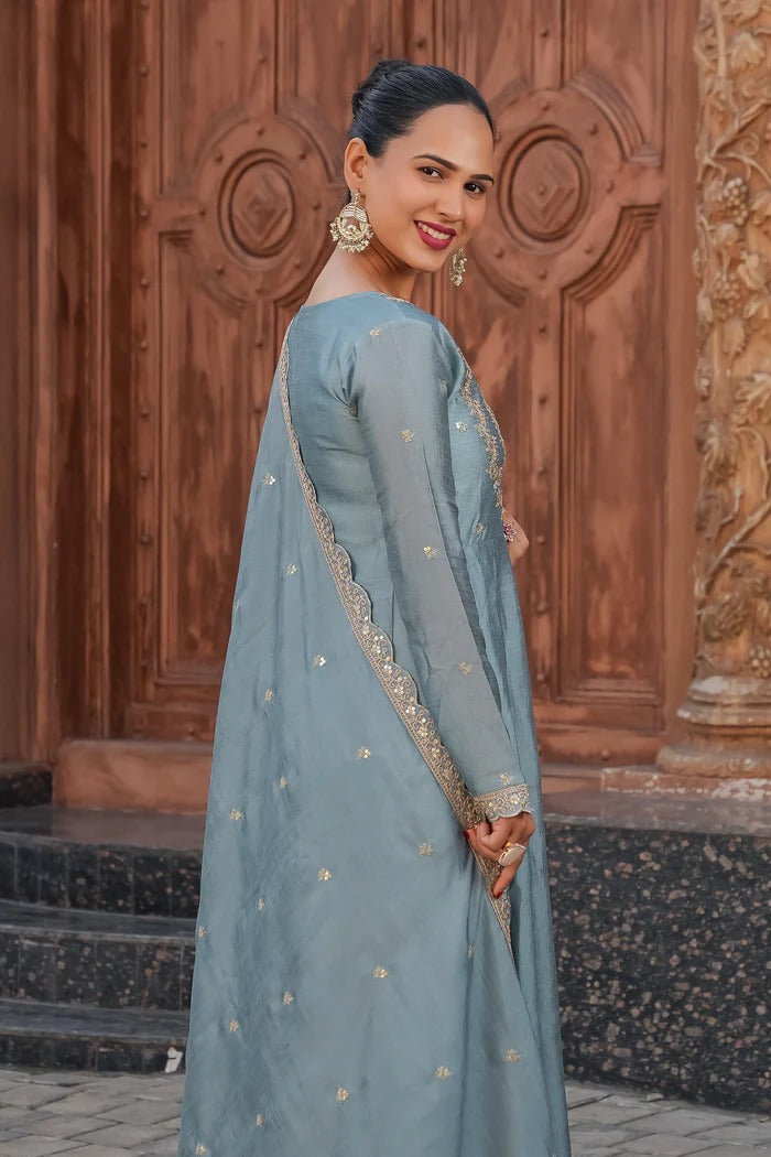 Grey Regal Embroidered Kurta Set with Dupatta