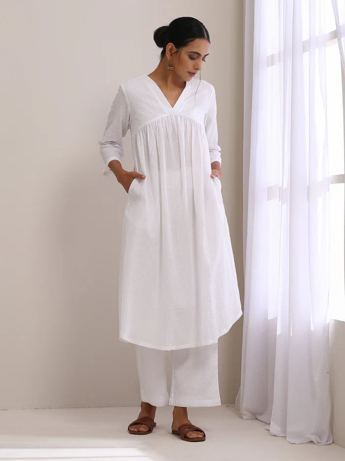 White Cotton Plain Kurta Pant Set
