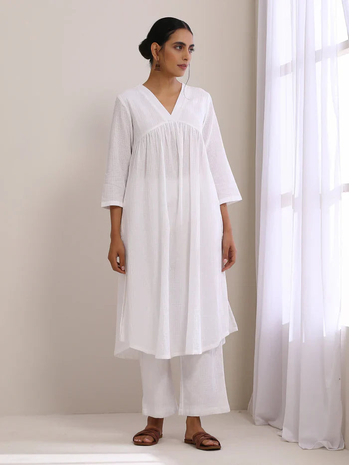White Cotton Plain Kurta Pant Set