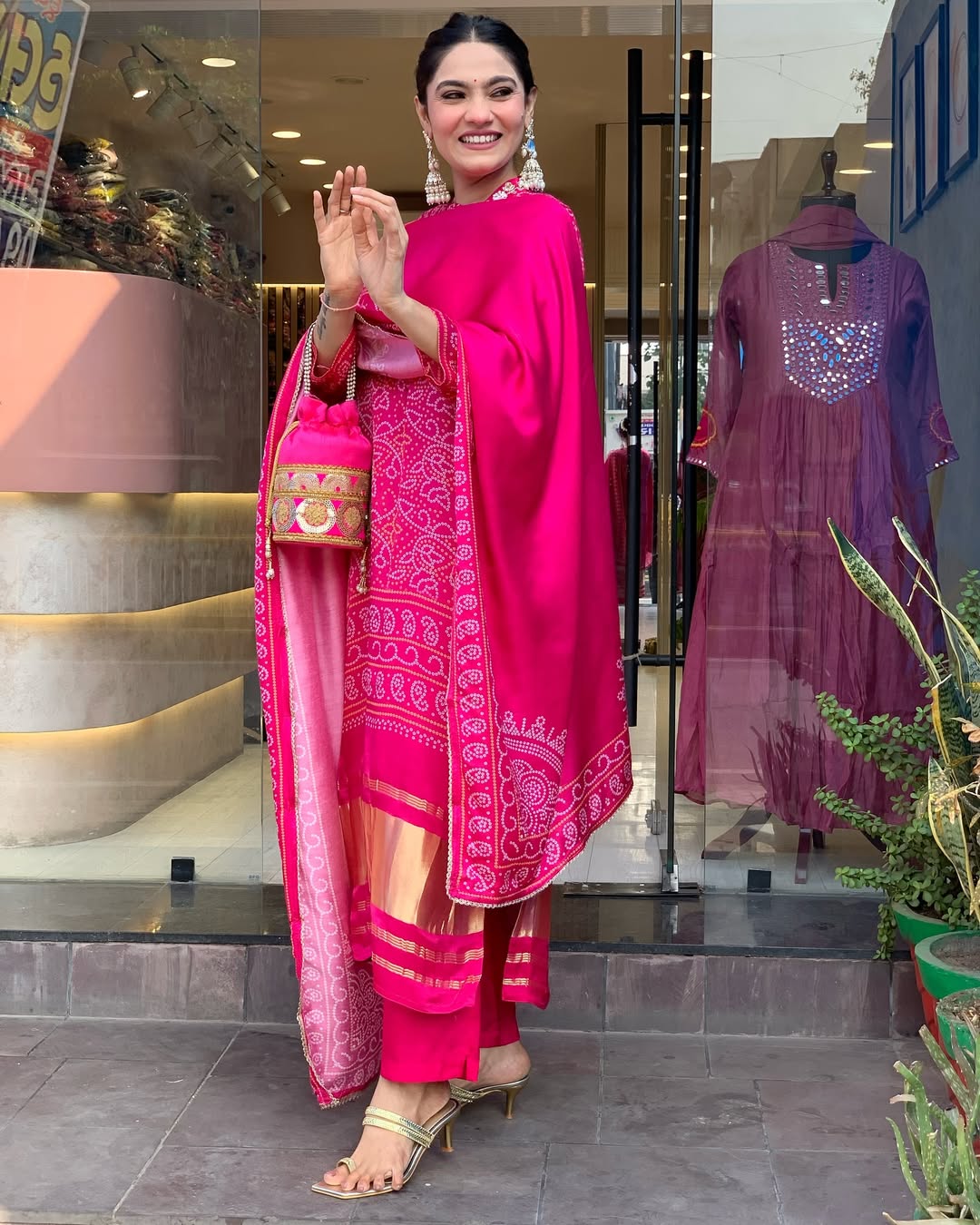 Pink Bandhani Print Embroidered Suit Set