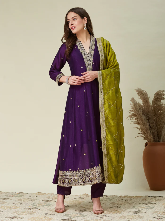 Violet Embroidered Silk Anarkali Kurta With Dupatta Set