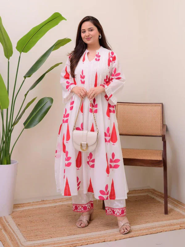 Cotton Red Printed Kurta Sets