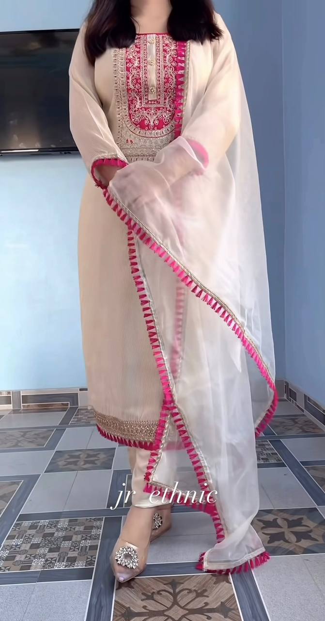 Cream Pure Silk Embroidered Suit Set