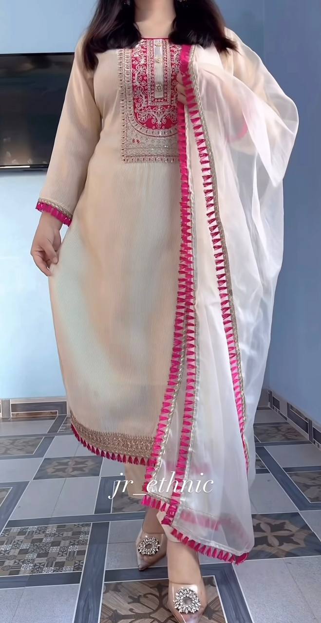 Cream Pure Silk Embroidered Suit Set