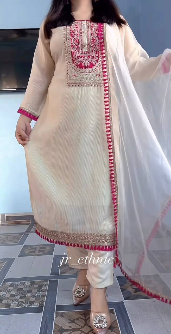 Cream Pure Silk Embroidered Suit Set