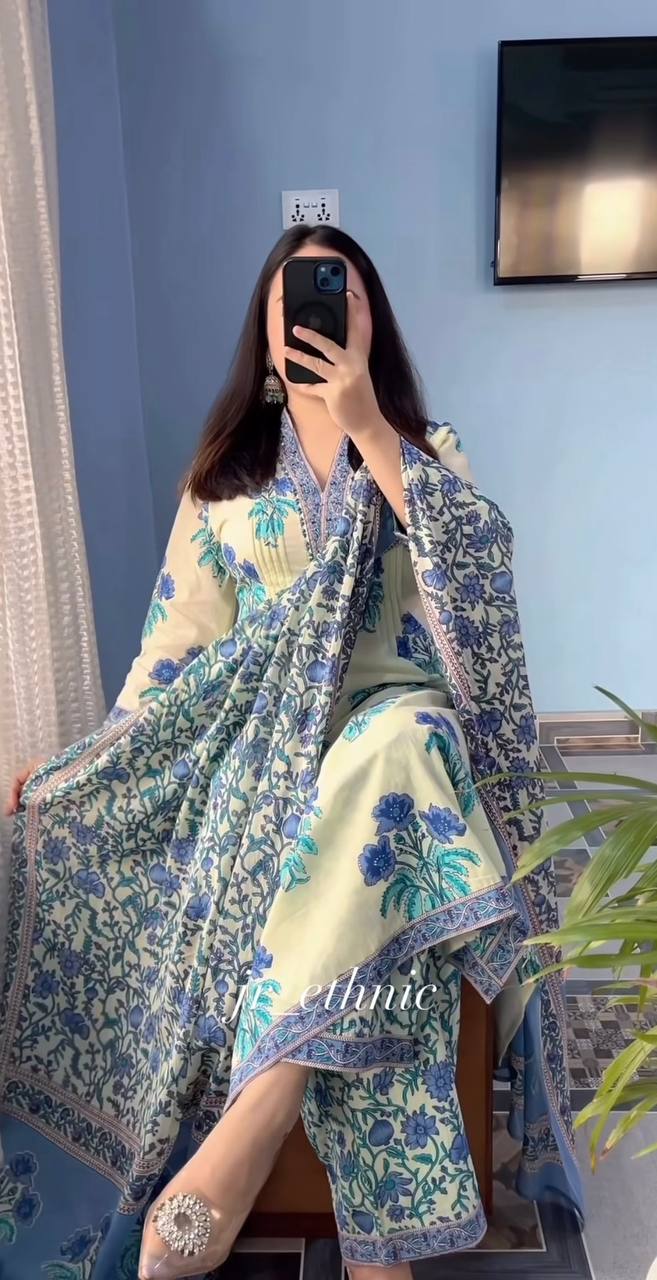 Cream Pure Cotton Printed Suit Set