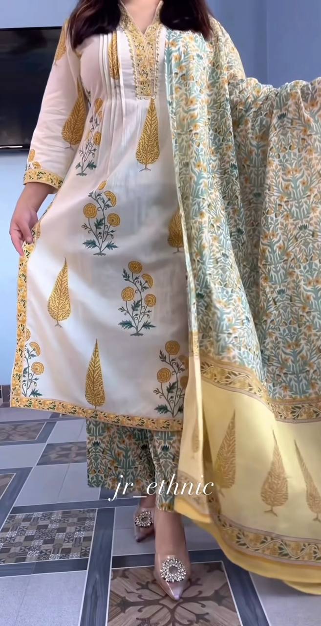 Yellow Pure Cotton Printed Suit Set