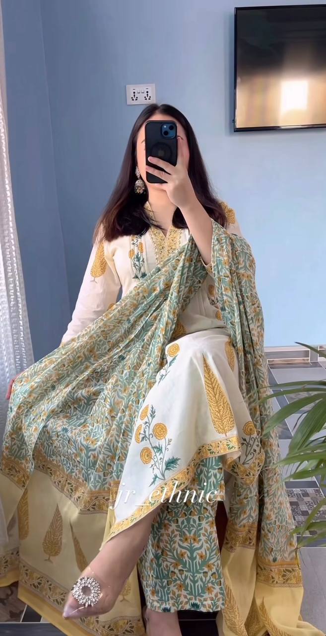 Yellow Pure Cotton Printed Suit Set