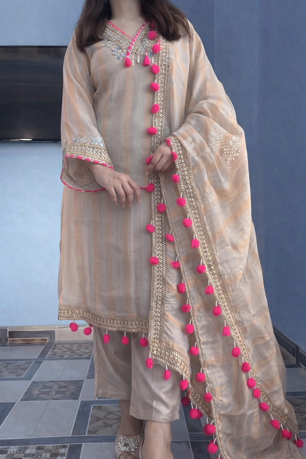 Cream Silk Embroidered With Mirror Work Suit Set