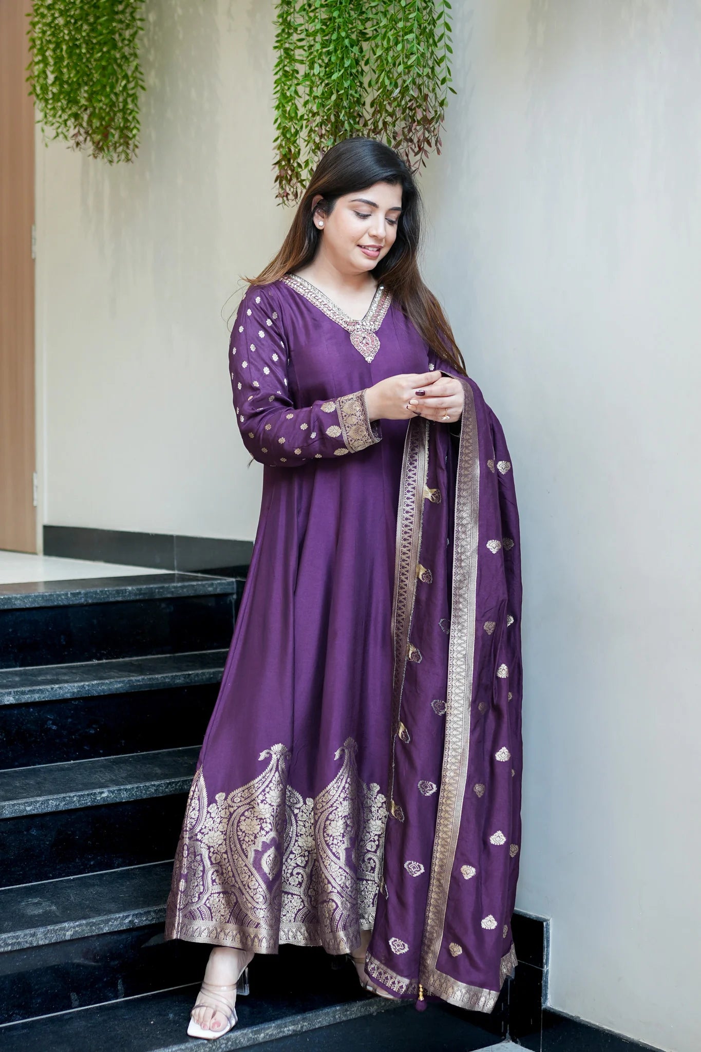 Royal Purple Banarasi Anarkali Suit Set With Zari Border Dupatta