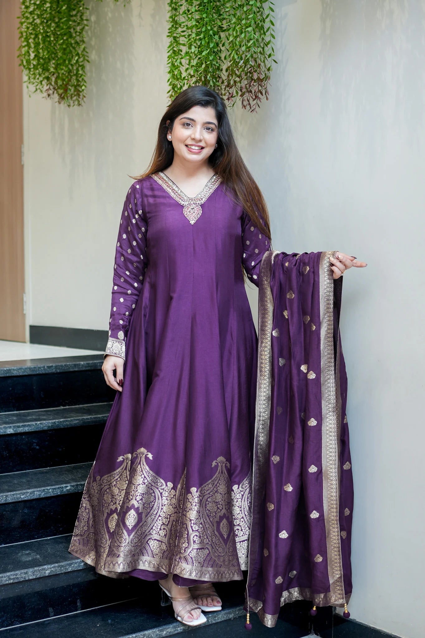 Royal Purple Banarasi Anarkali Suit Set With Zari Border Dupatta