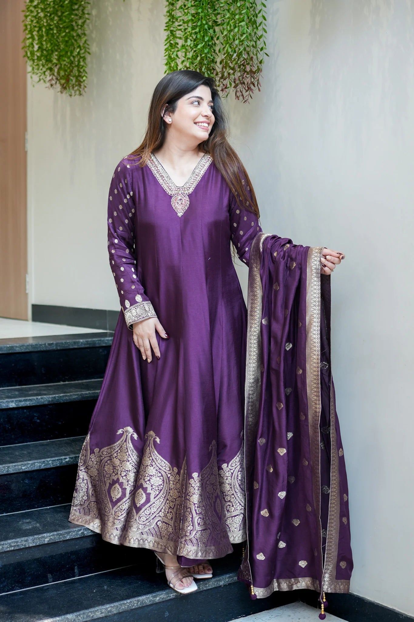 Royal Purple Banarasi Anarkali Suit Set With Zari Border Dupatta