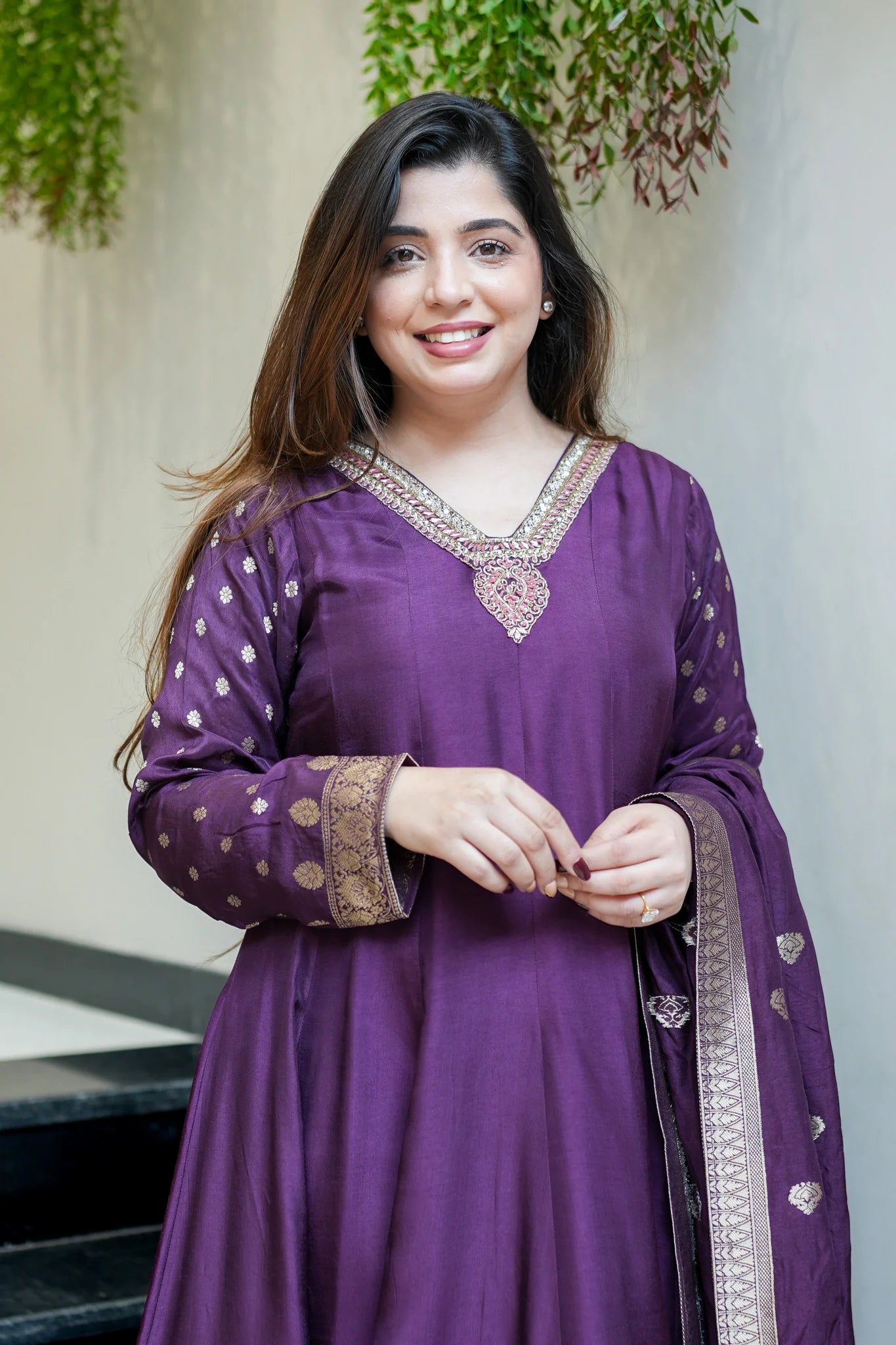 Royal Purple Banarasi Anarkali Suit Set With Zari Border Dupatta