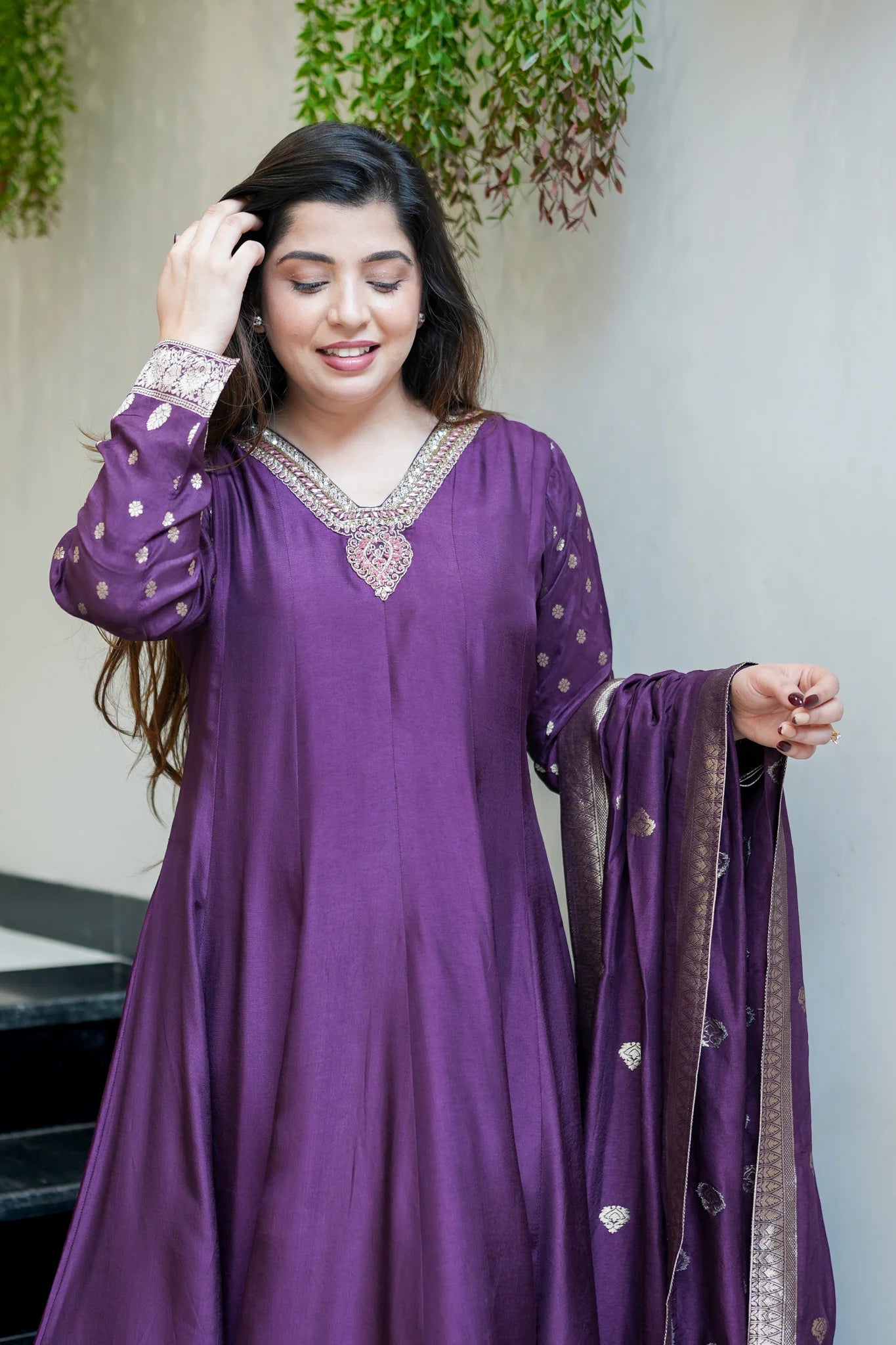 Royal Purple Banarasi Anarkali Suit Set With Zari Border Dupatta