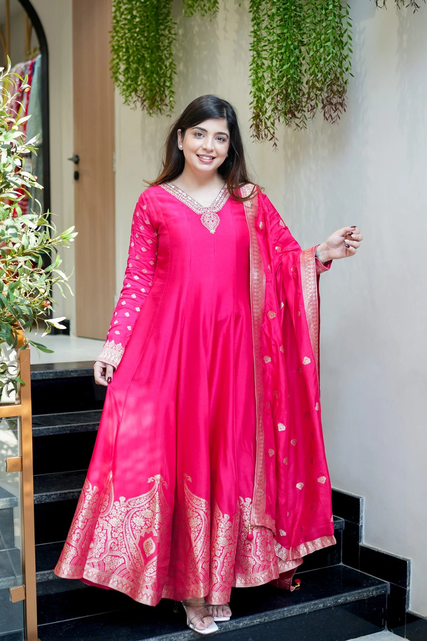 Pink Banarasi Anarkali Suit Set With Zari Border Dupatta