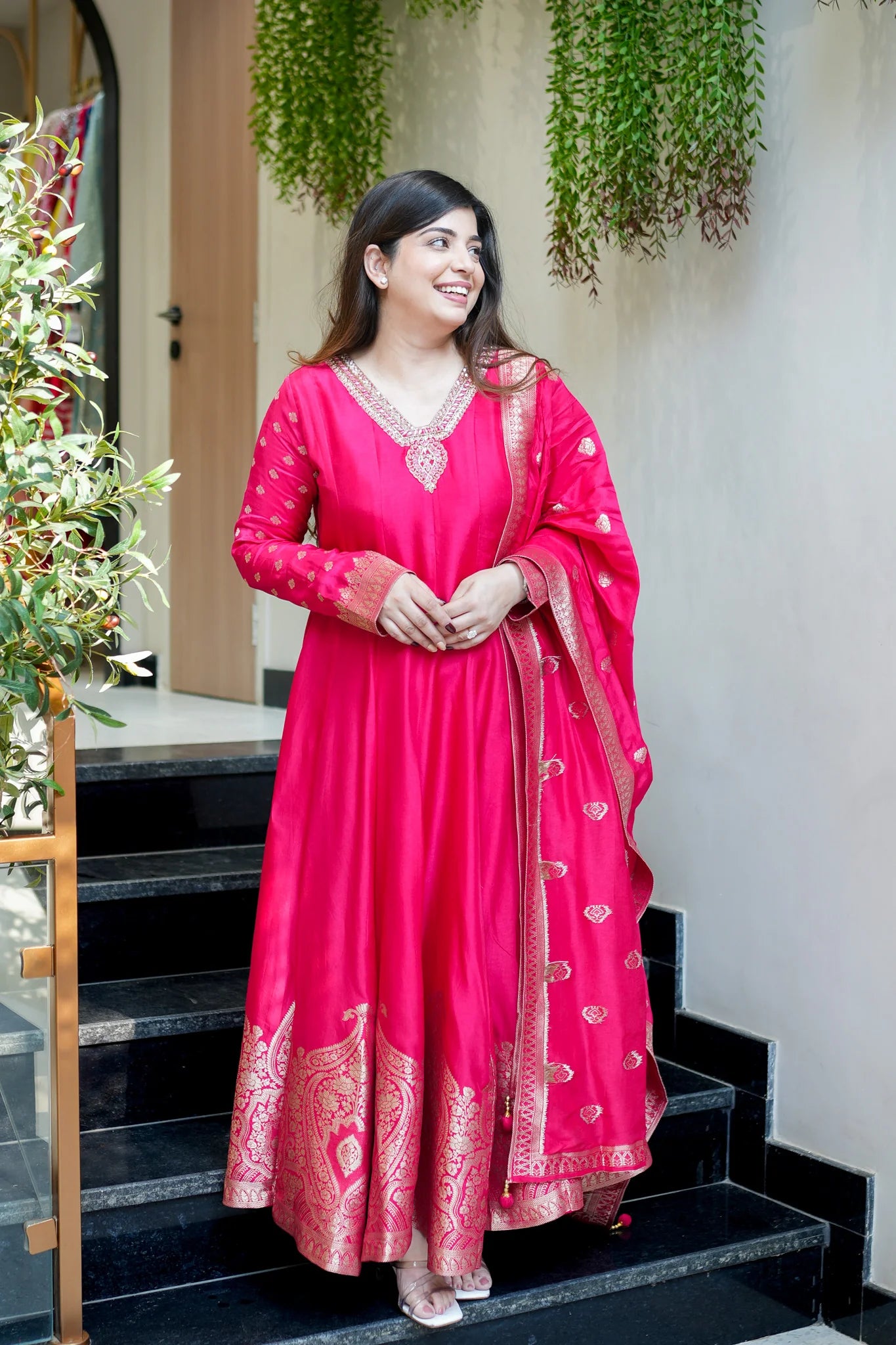 Pink Banarasi Anarkali Suit Set With Zari Border Dupatta