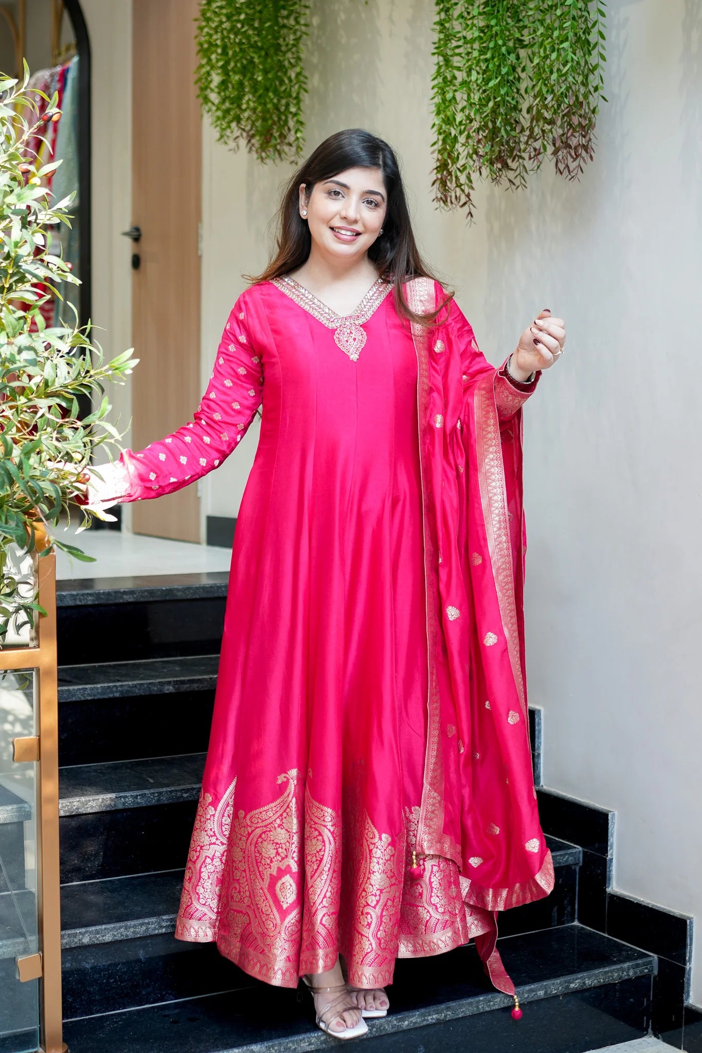 Pink Banarasi Anarkali Suit Set With Zari Border Dupatta