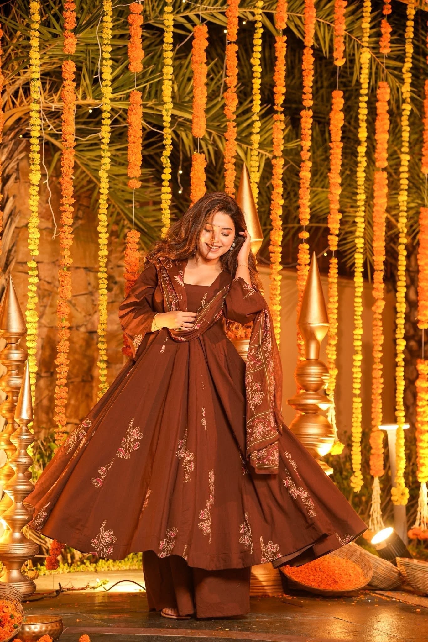 Brown Printed Cotton Suit Set