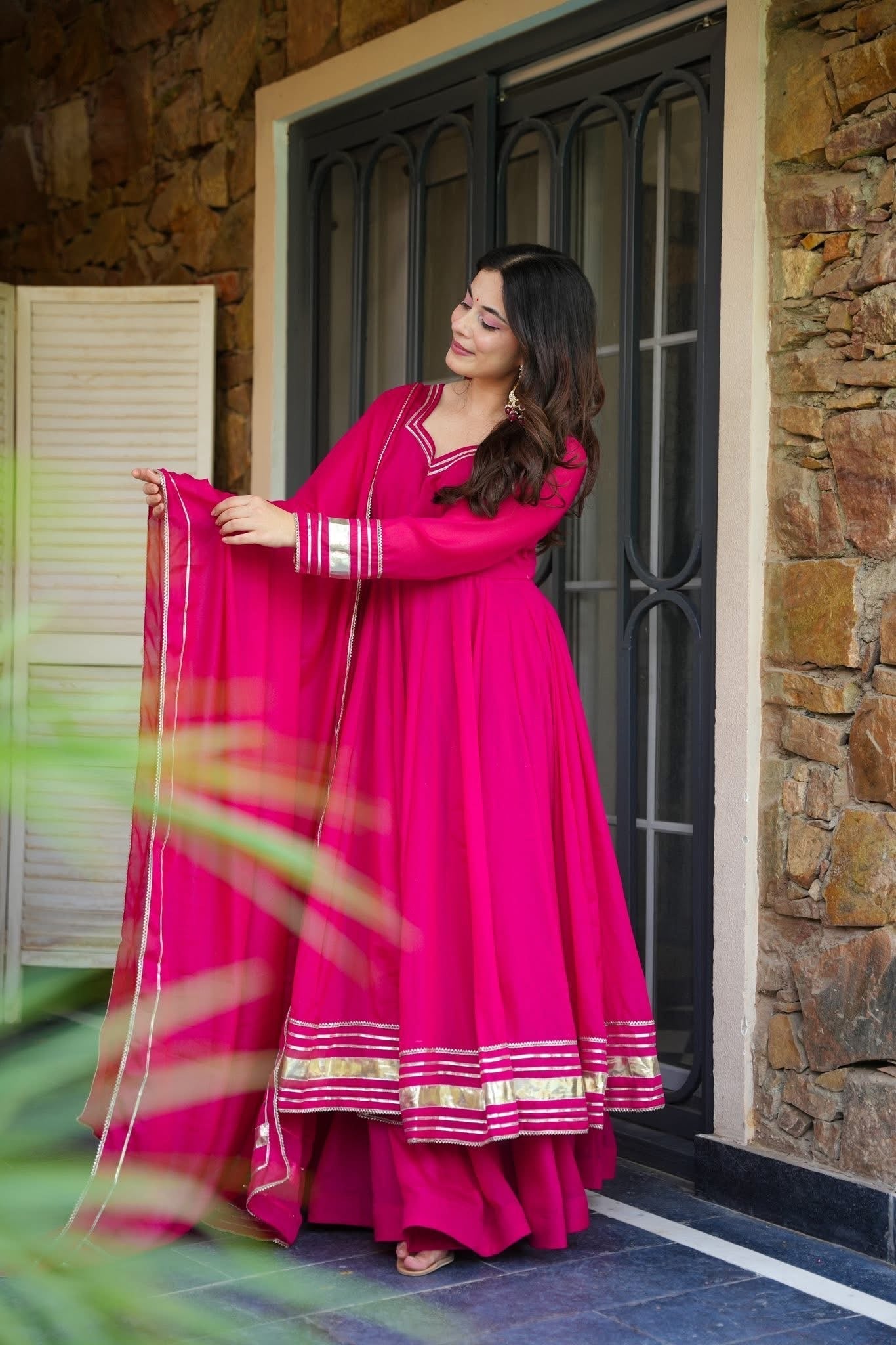 Pink Shimmer Organza Anarkali Palazzo Set | Traditional Gotta Patti Work