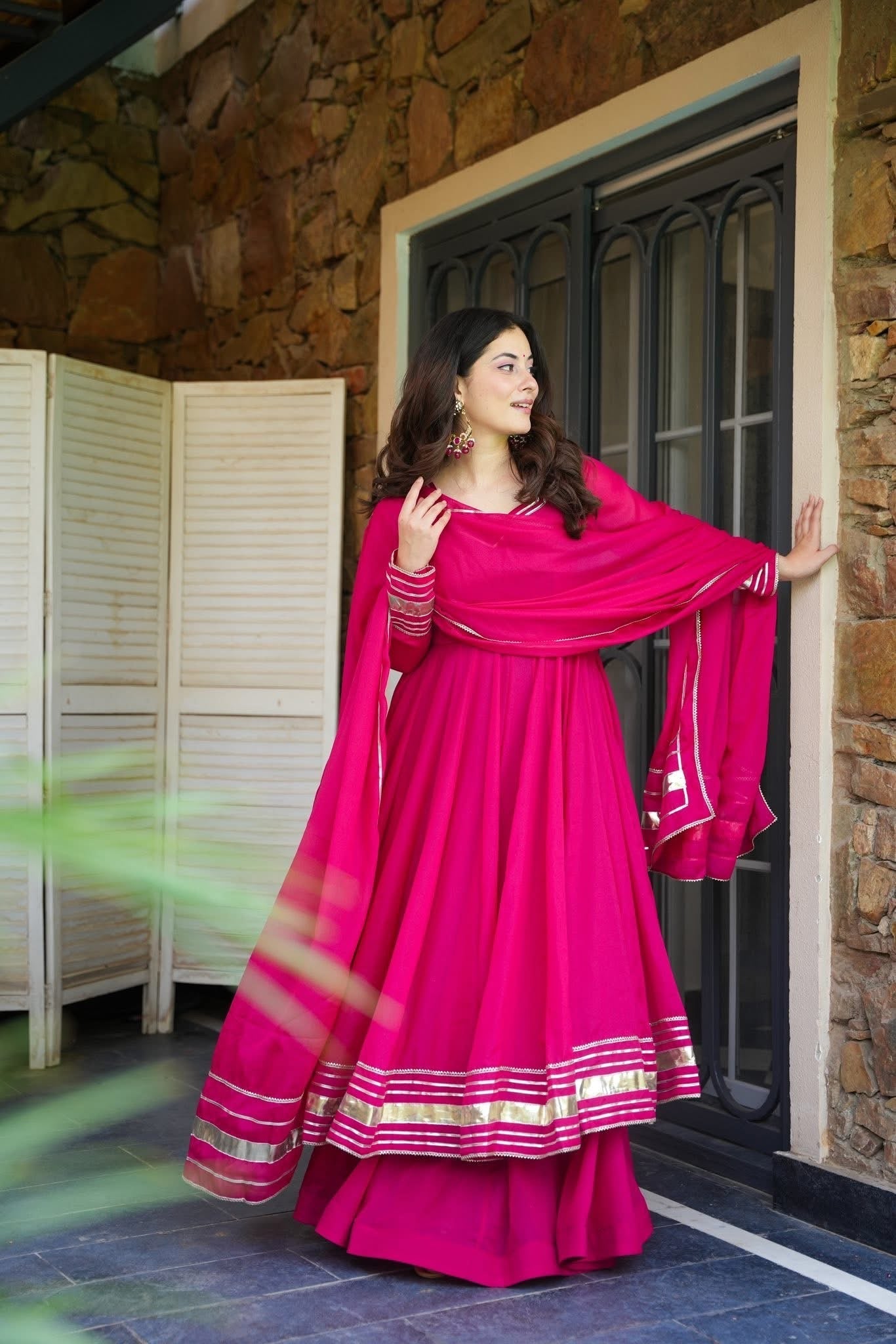 Pink Shimmer Organza Anarkali Palazzo Set | Traditional Gotta Patti Work