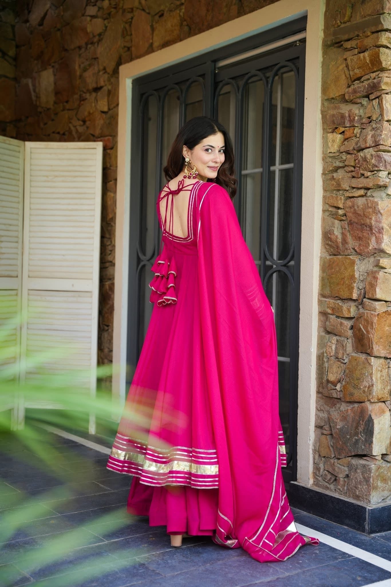 Pink Shimmer Organza Anarkali Palazzo Set | Traditional Gotta Patti Work