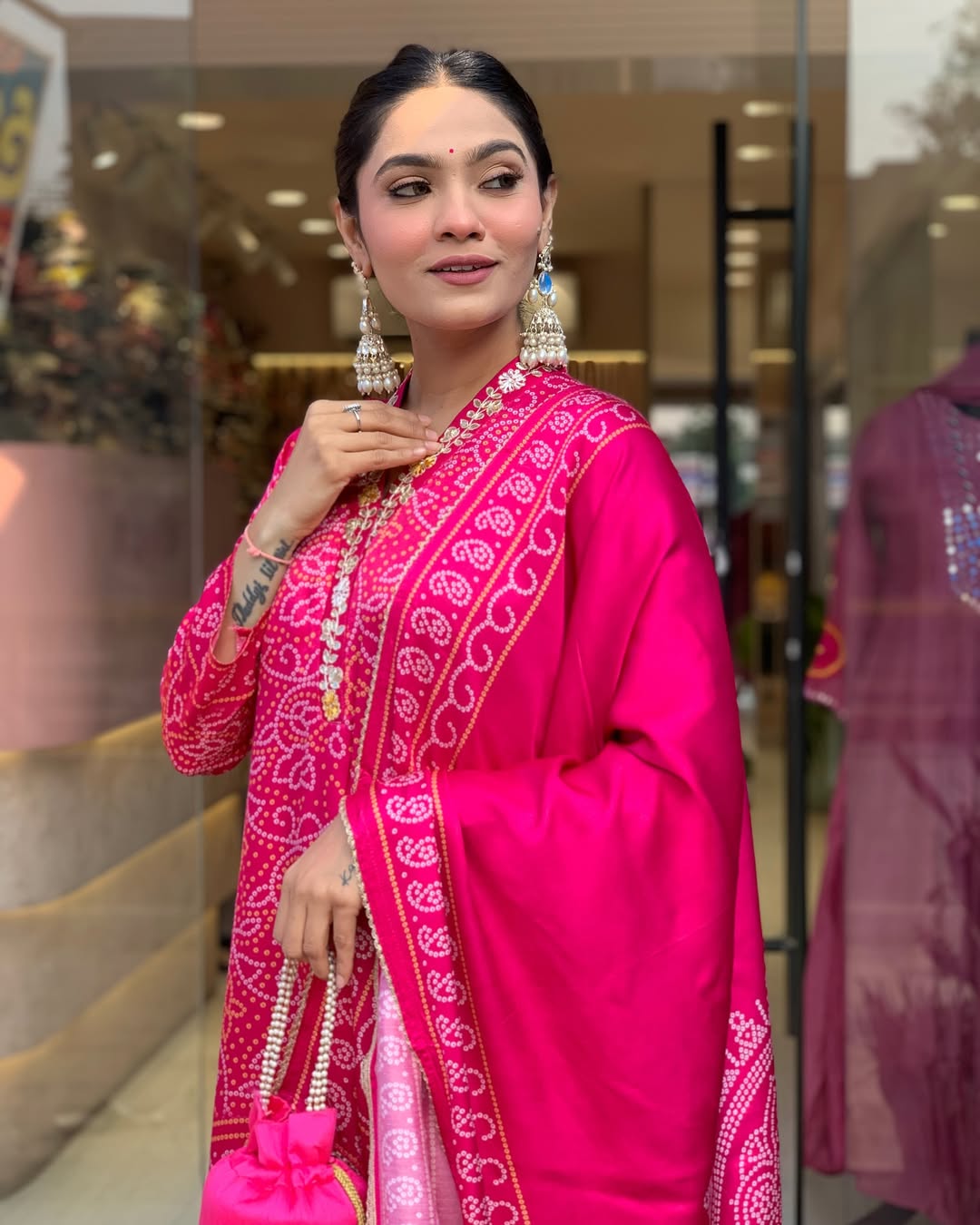 Pink Bandhani Print Embroidered Suit Set