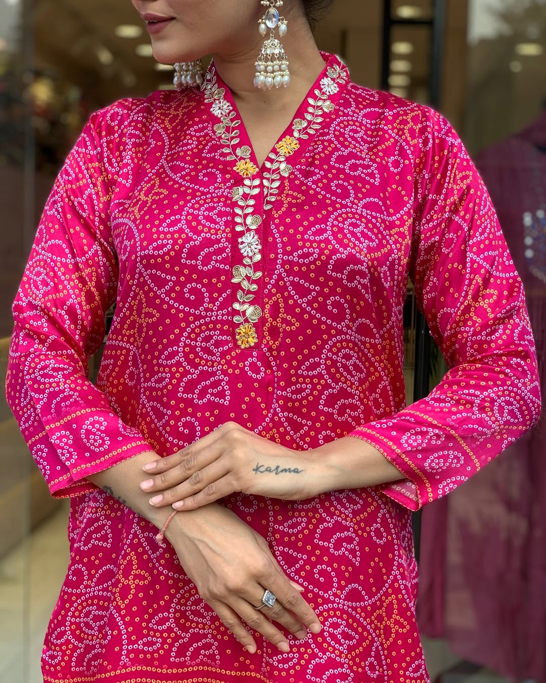 Pink Bandhani Print Embroidered Suit Set