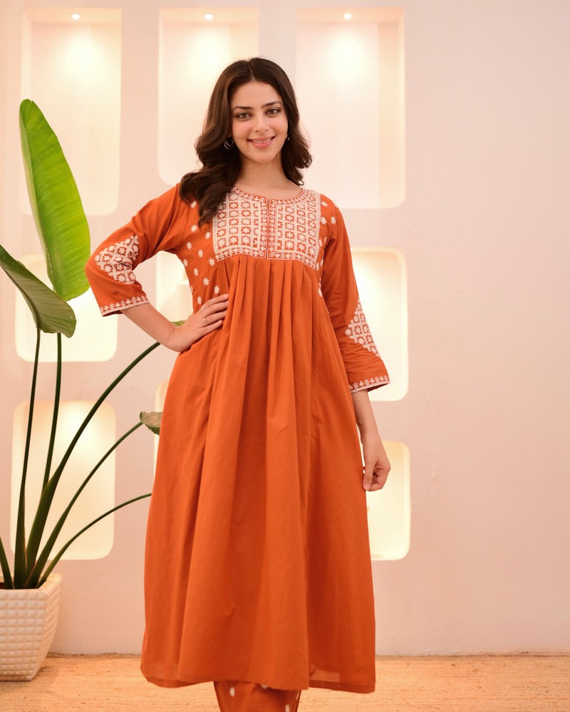 Rust Embroidered Kurta Set