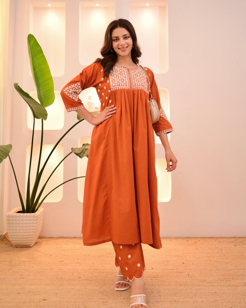 Rust Embroidered Kurta Set