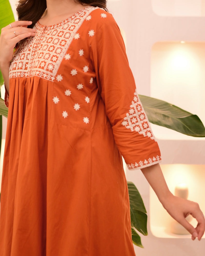 Rust Embroidered Kurta Set