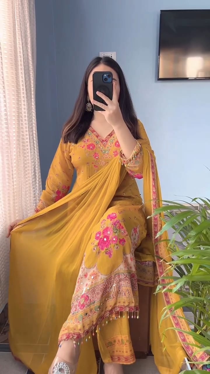 Yellow Chinon Mirror Work Salwar Suit