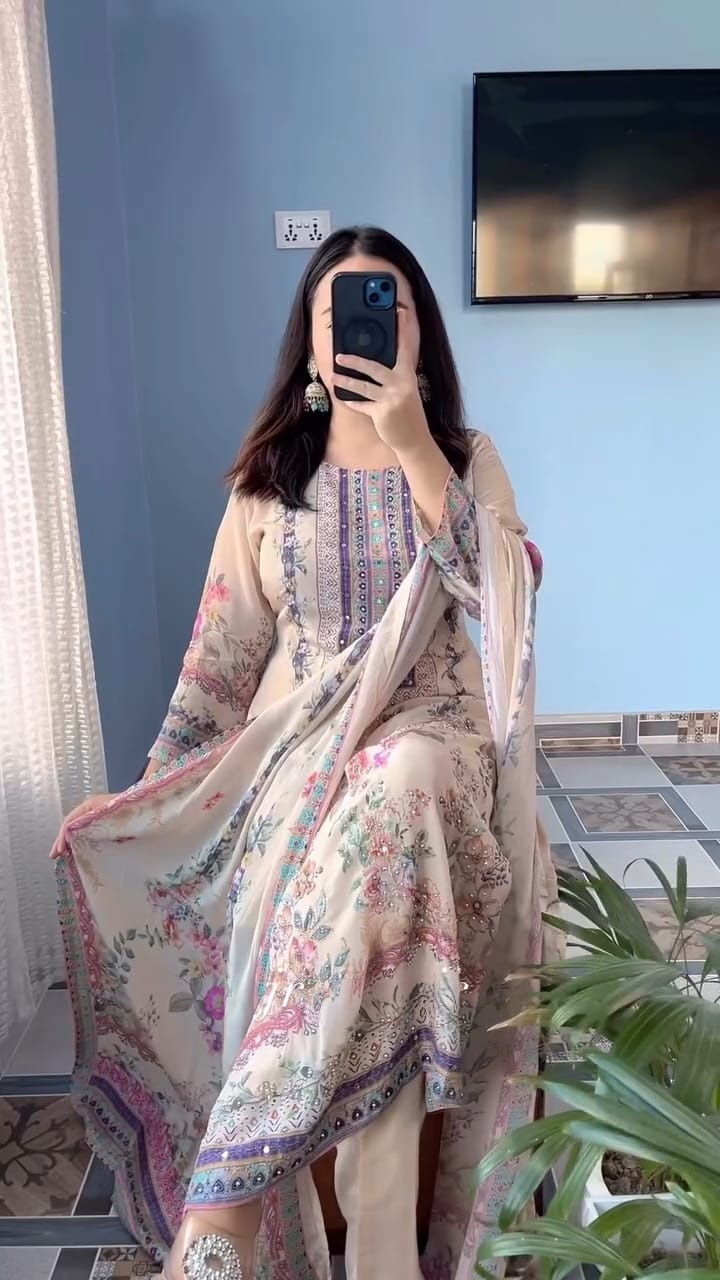 Beige Floral Printed & Embroidered Kurta Set with Dupatta