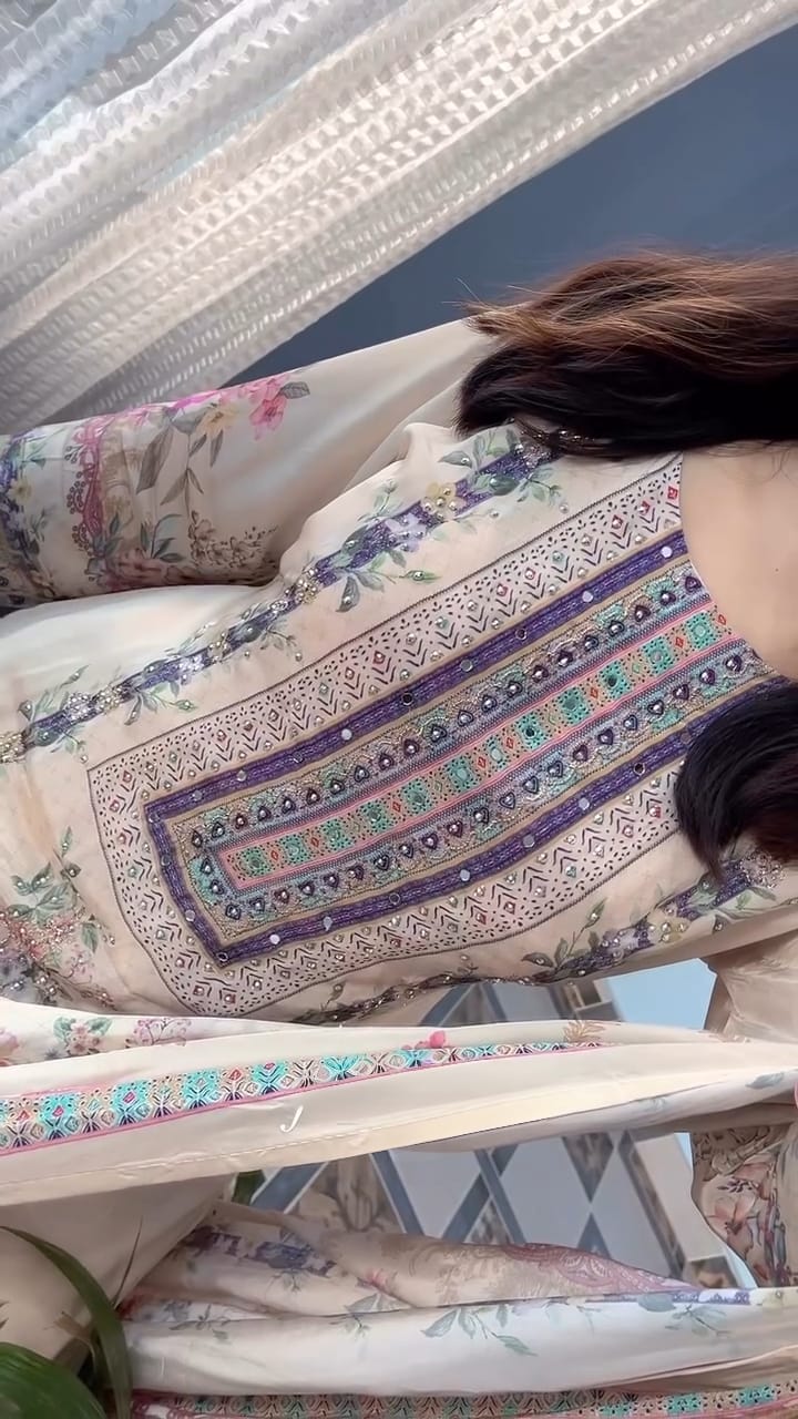 Beige Floral Printed & Embroidered Kurta Set with Dupatta