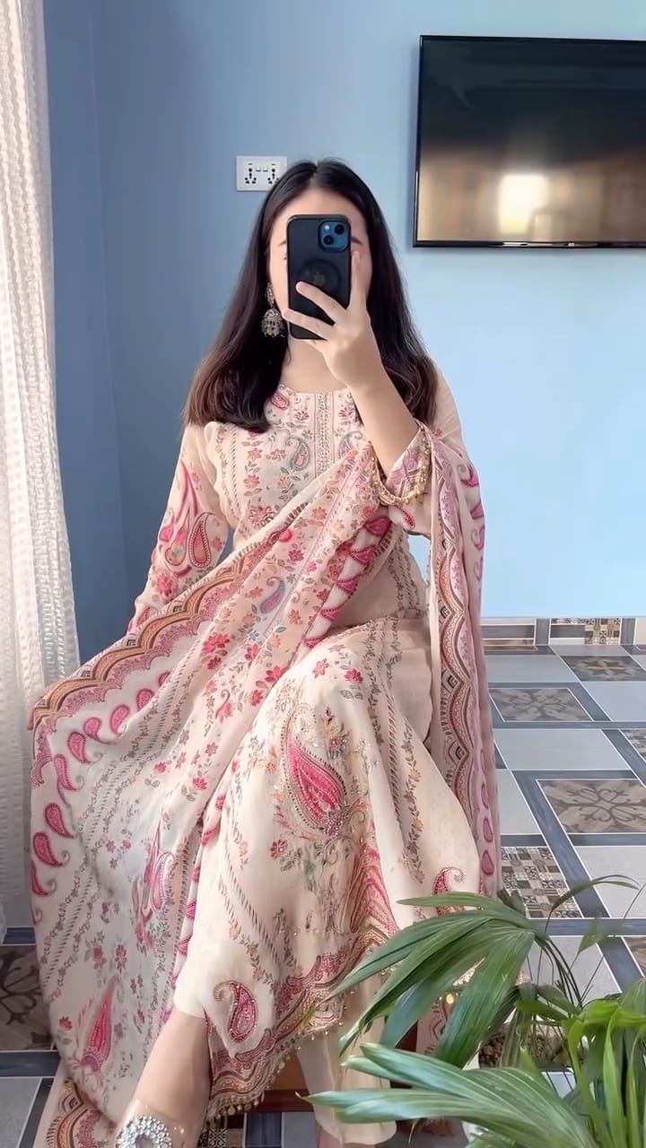 Blush Beige Floral Printed & Embroidered Kurta Set with Dupatta