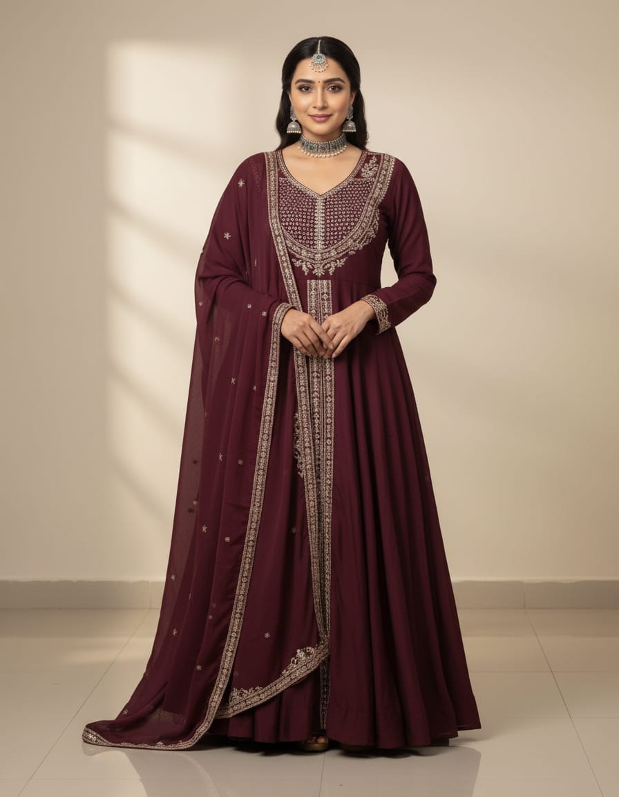 Maroon Designer Embroidered Kurta Set with Dupatta