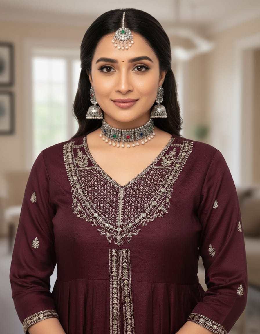 Maroon Designer Embroidered Kurta Set with Dupatta