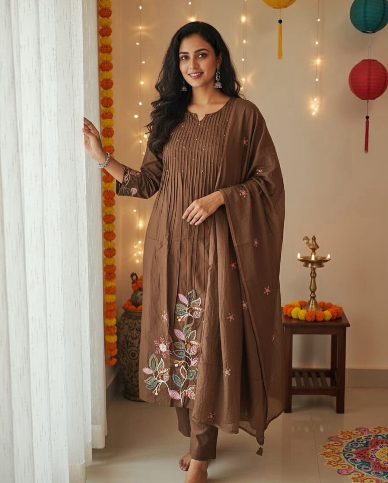 Elegant Cocoa Brown Embroidered Kurta Set with Dupatta