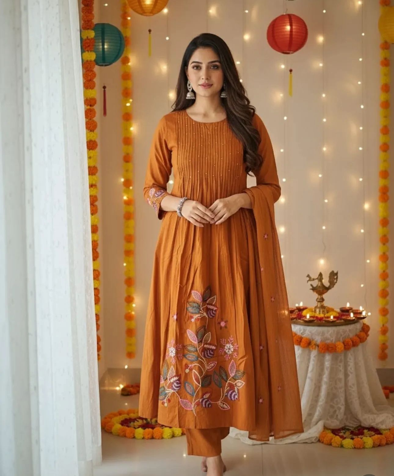 Elegant Orange Embroidered Kurta Set with Dupatta