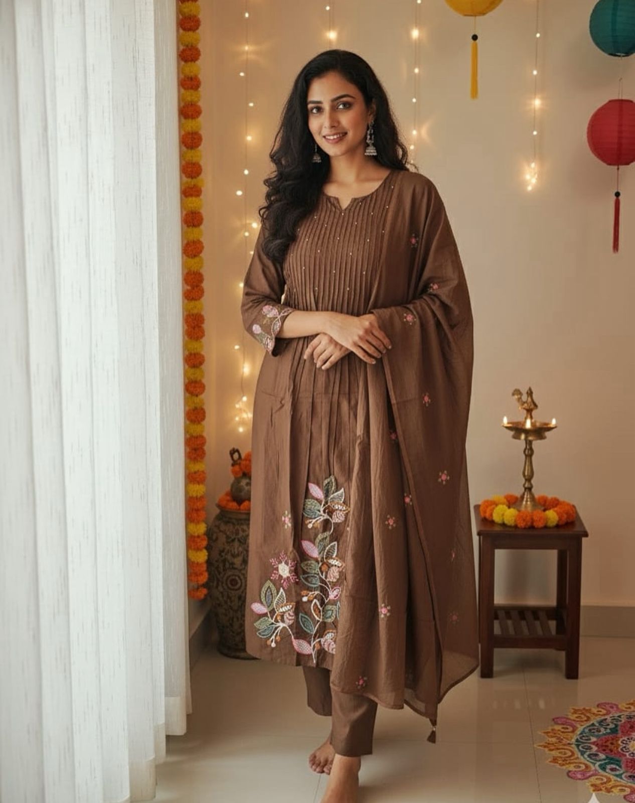 Elegant Cocoa Brown Embroidered Kurta Set with Dupatta