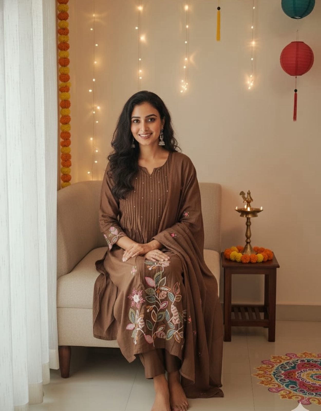 Elegant Cocoa Brown Embroidered Kurta Set with Dupatta