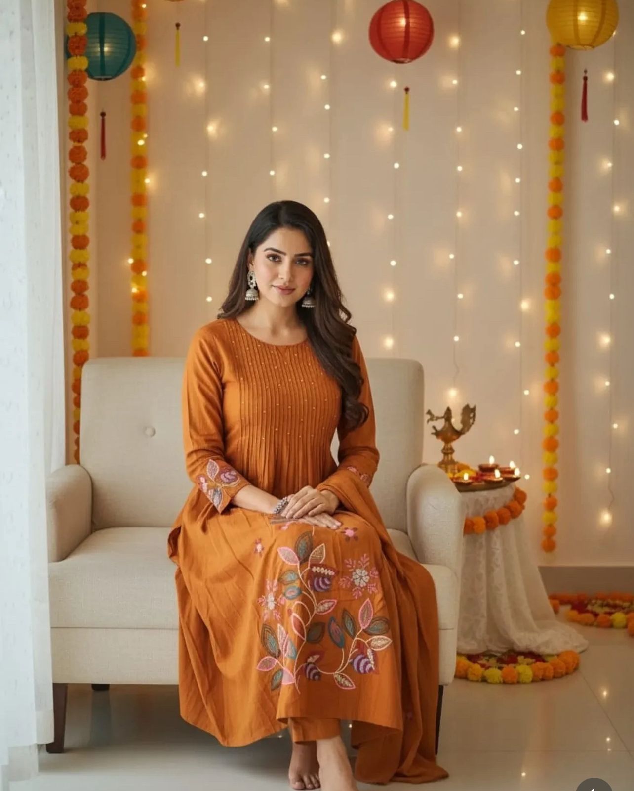 Elegant Orange Embroidered Kurta Set with Dupatta