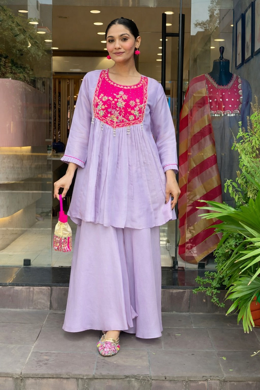 Lavender Floral Embroidered Peplum Kurta with Sharara Set