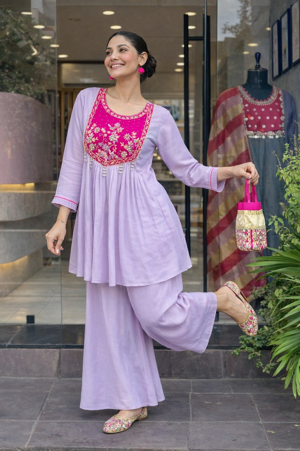 Lavender Floral Embroidered Peplum Kurta with Sharara Set