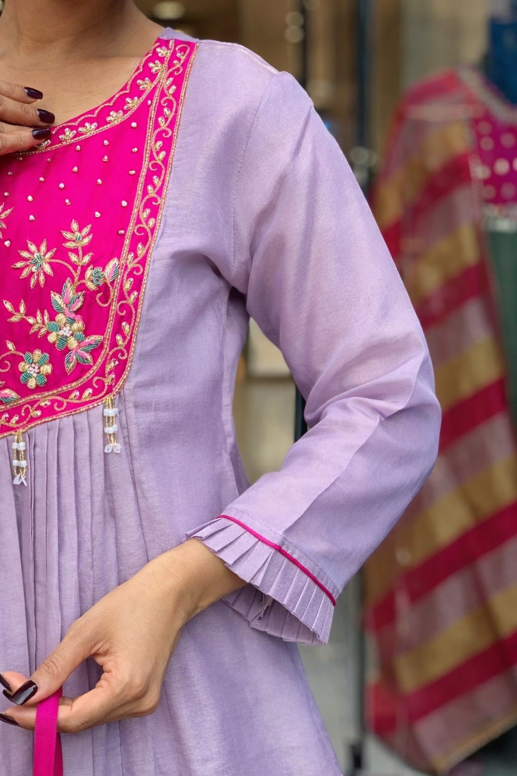 Lavender Floral Embroidered Peplum Kurta with Sharara Set
