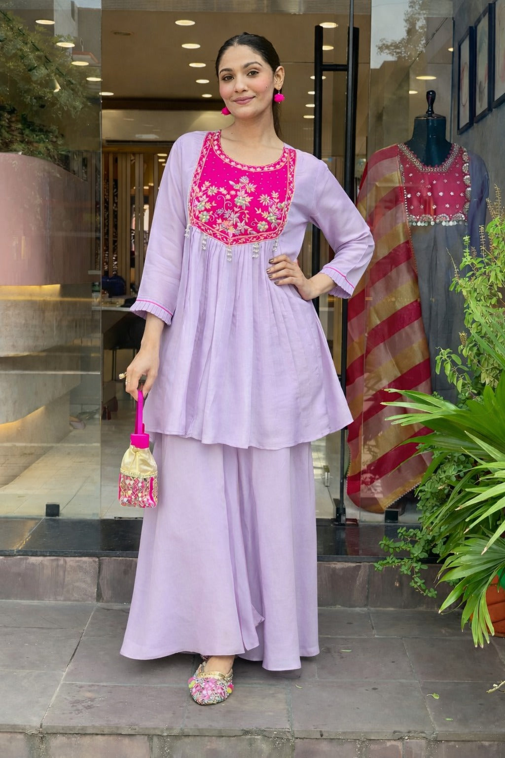 Lavender Floral Embroidered Peplum Kurta with Sharara Set
