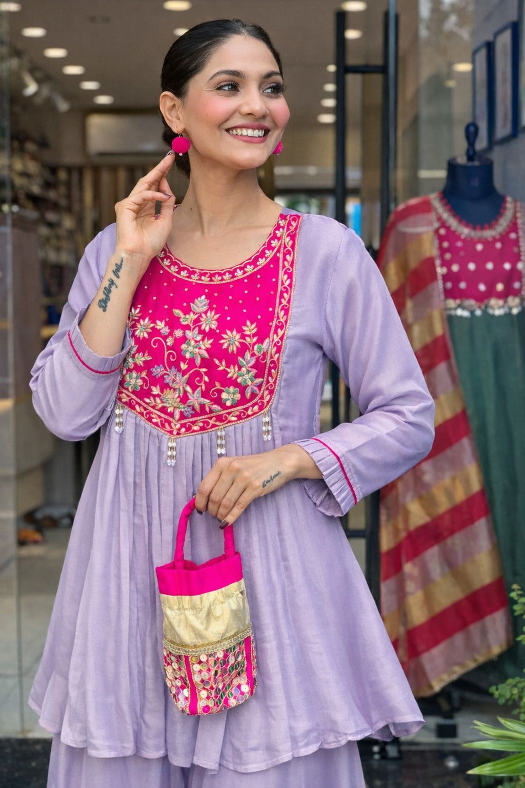 Lavender Floral Embroidered Peplum Kurta with Sharara Set