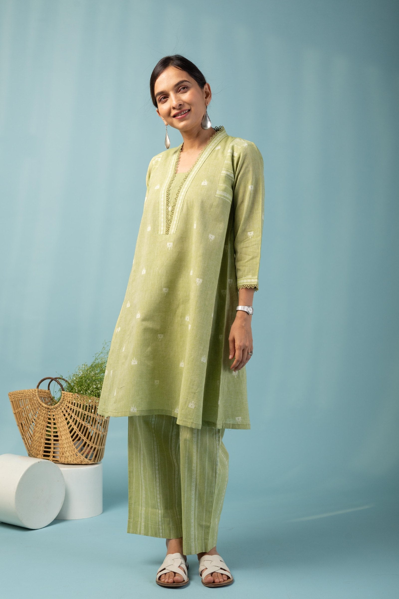 Pista Handloom Cotton Kurta Set