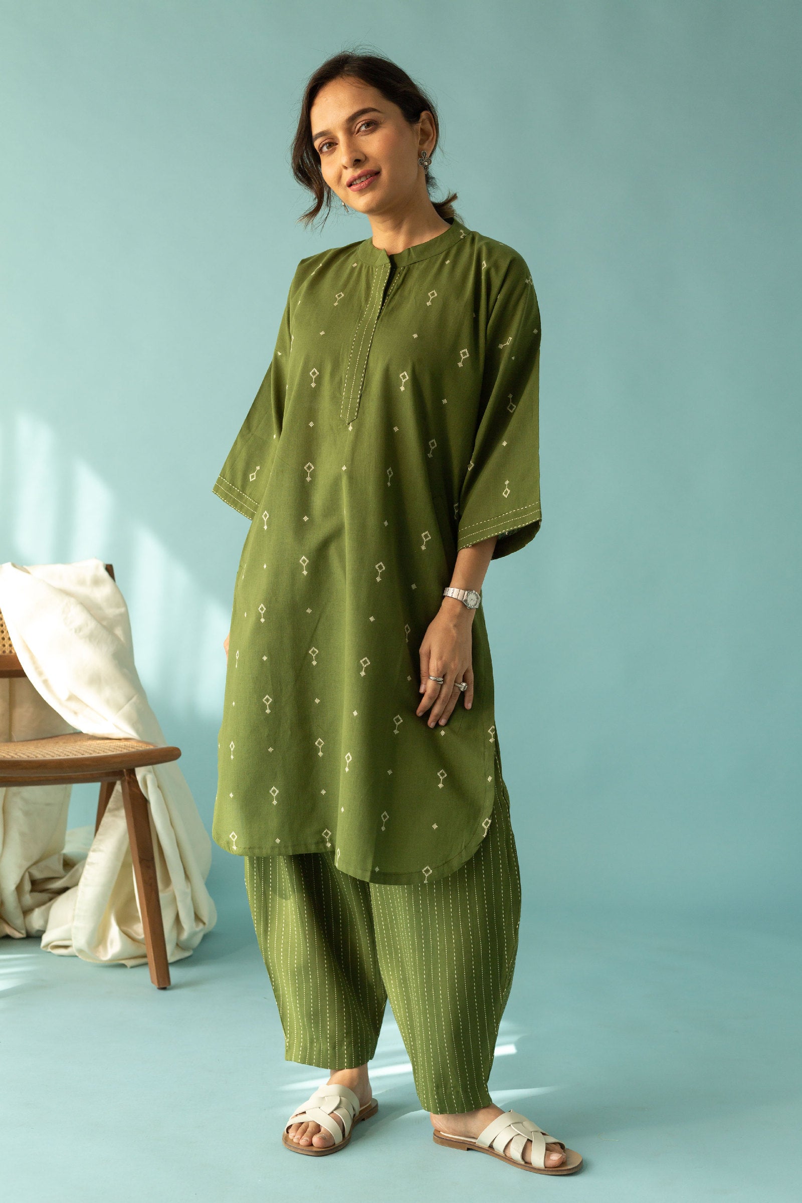 Green Handloom Cotton Kurta Set