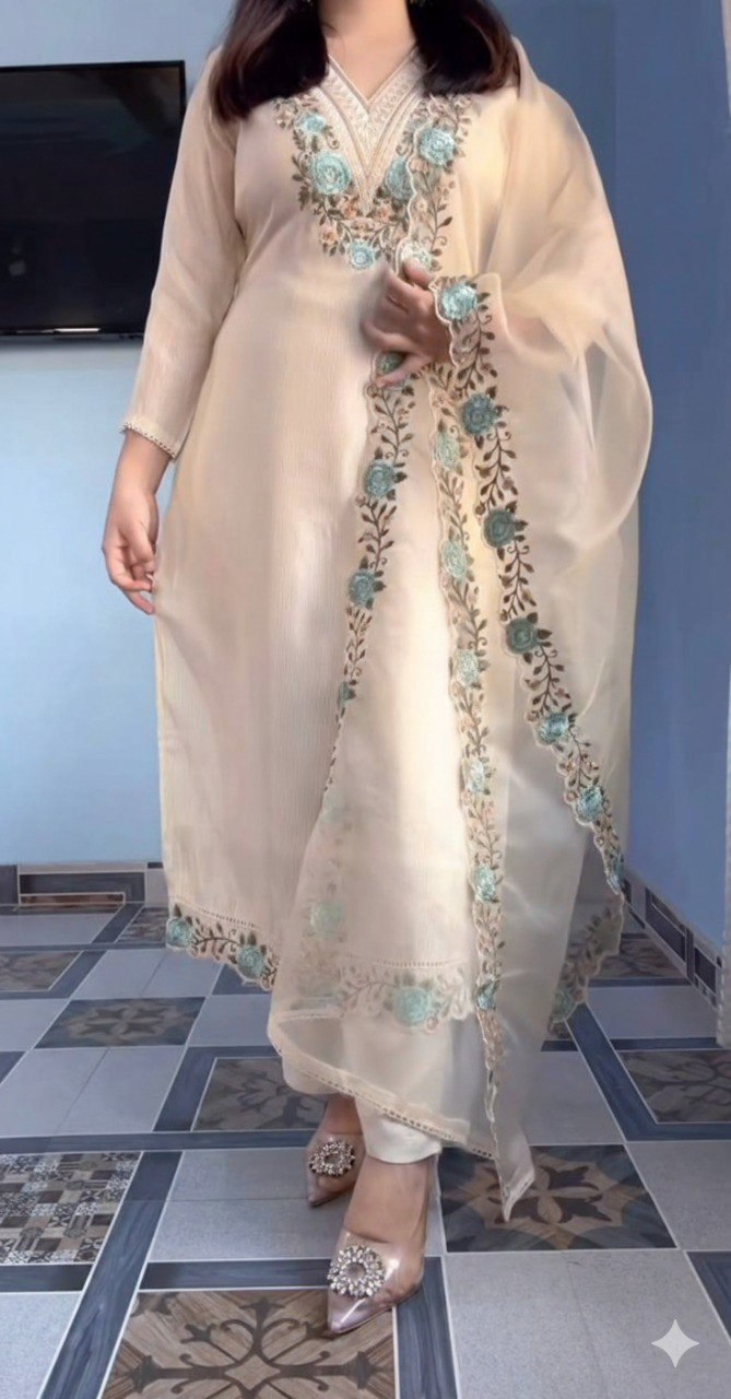 Off-White Pure Silk Strip Embroidered Suit Set