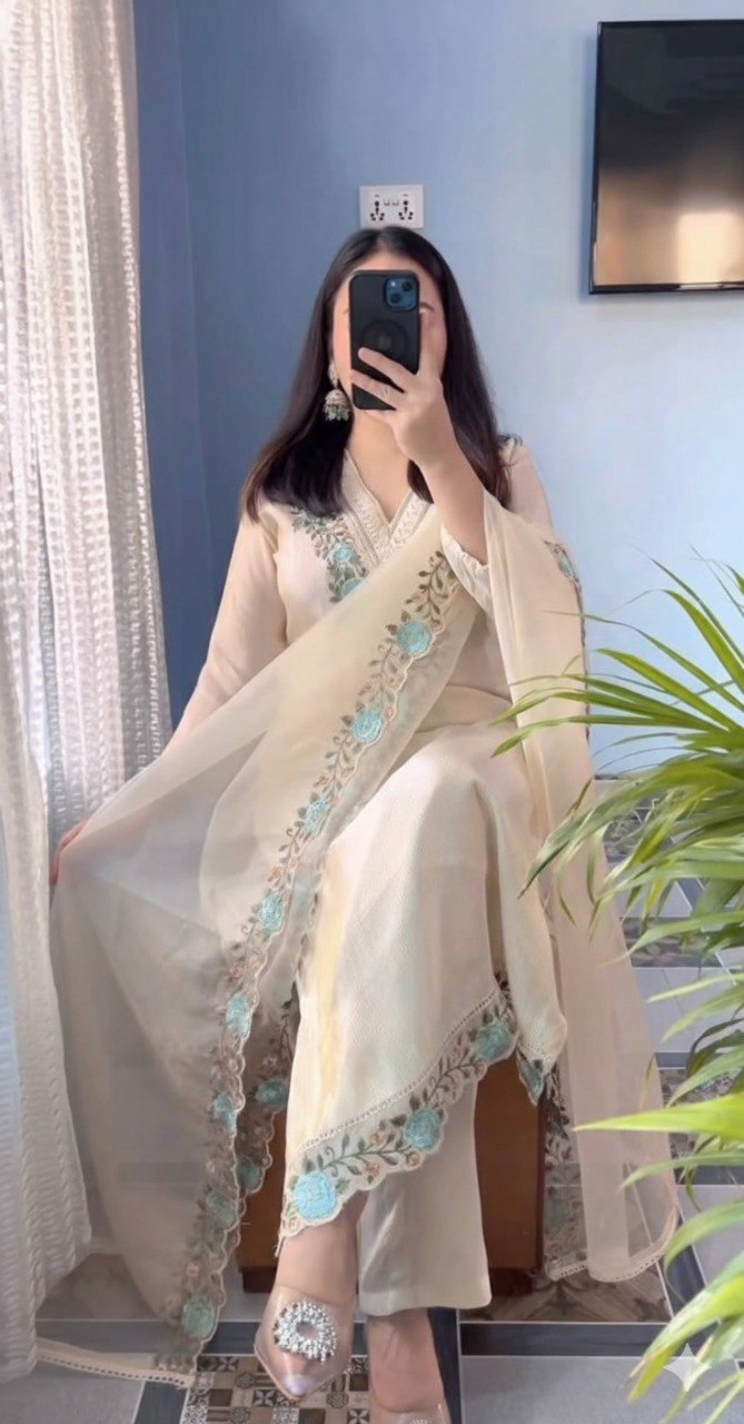 Off-White Pure Silk Strip Embroidered Suit Set